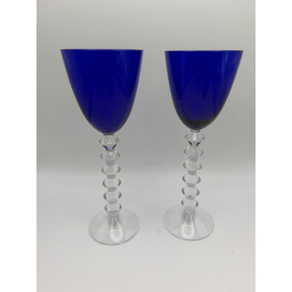 Rare Baccarat Vega Fortissimo Cobalt Blue Crystal Wine Glasses Set 2 Signed